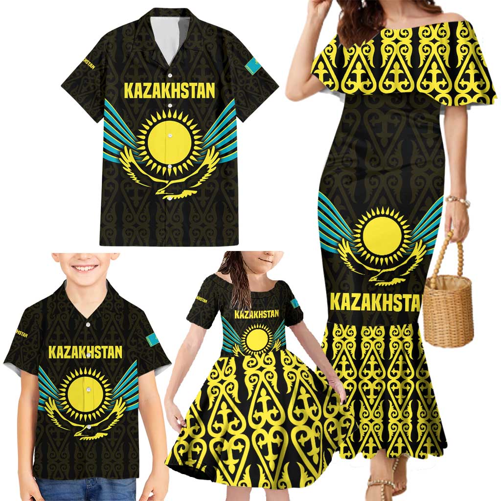 Kazakhstan National Emblem Family Matching Mermaid Dress and Hawaiian Shirt with Black Tribal Pattern and Sun Eagle Motif