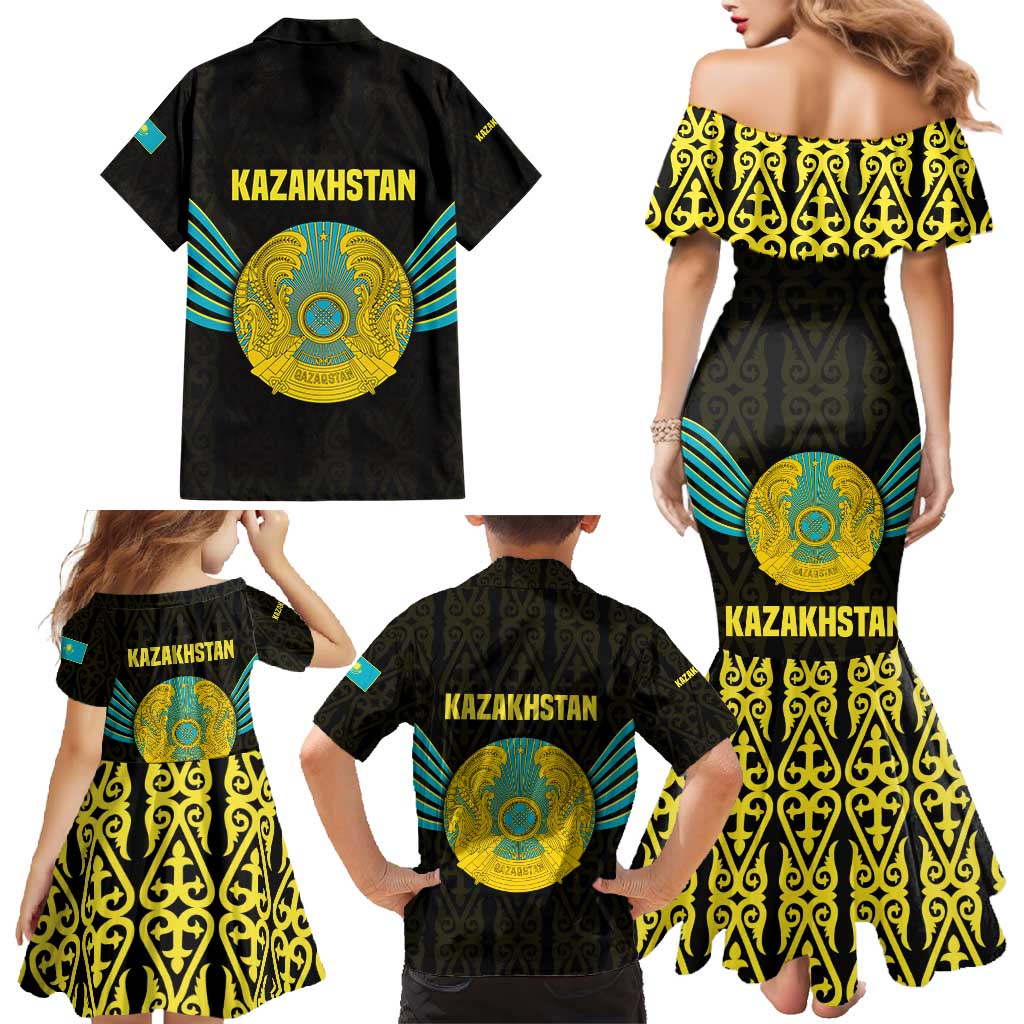 Kazakhstan National Emblem Family Matching Mermaid Dress and Hawaiian Shirt with Black Tribal Pattern and Sun Eagle Motif