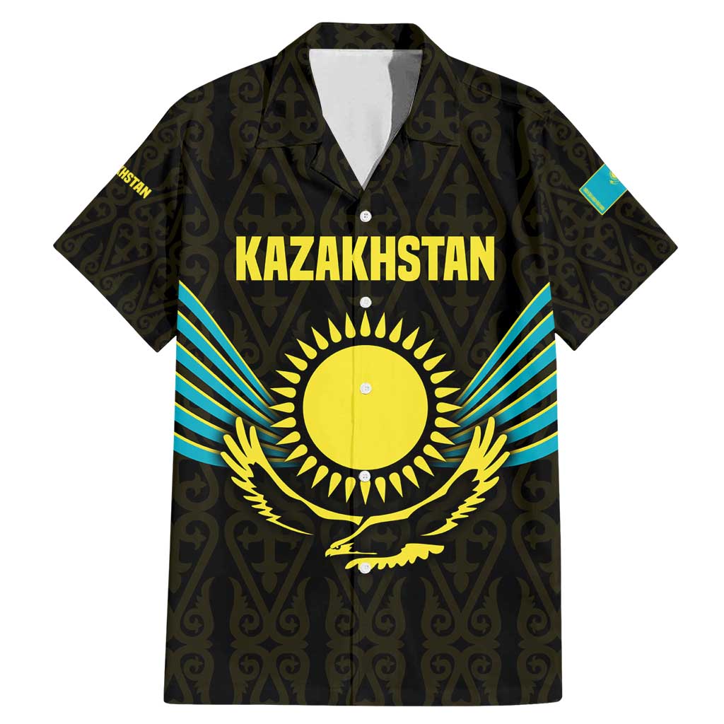Kazakhstan National Emblem Family Matching Mermaid Dress and Hawaiian Shirt with Black Tribal Pattern and Sun Eagle Motif