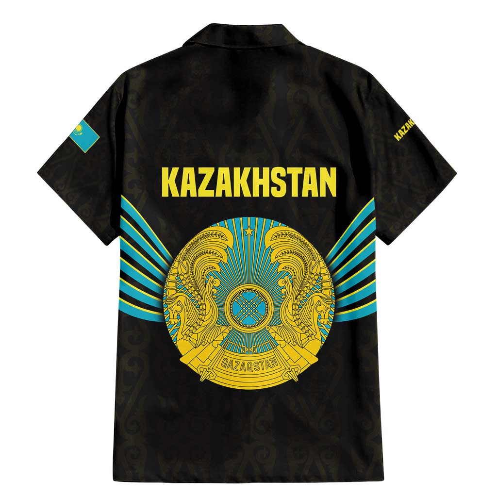 Kazakhstan National Emblem Family Matching Mermaid Dress and Hawaiian Shirt with Black Tribal Pattern and Sun Eagle Motif