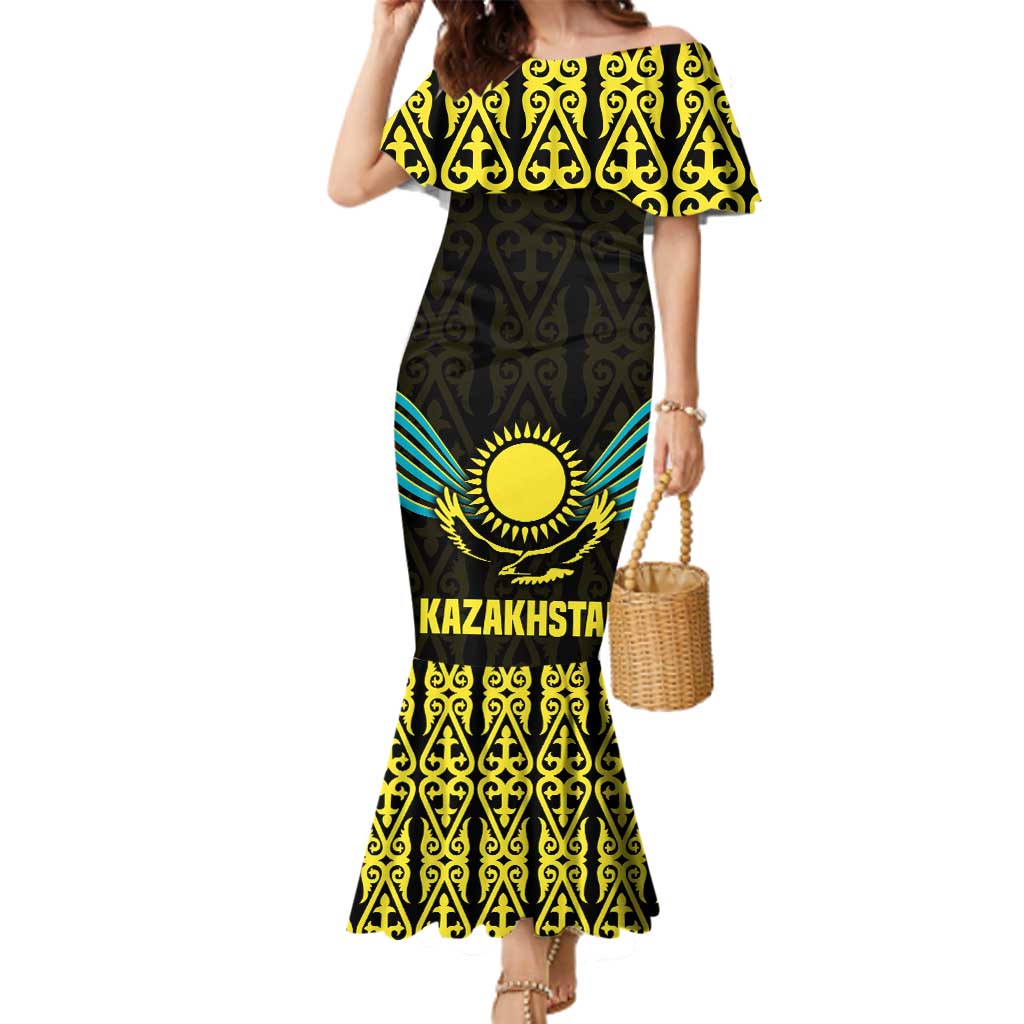 Kazakhstan National Emblem Family Matching Mermaid Dress and Hawaiian Shirt with Black Tribal Pattern and Sun Eagle Motif