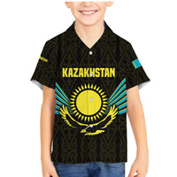 Kazakhstan National Emblem Family Matching Mermaid Dress and Hawaiian Shirt with Black Tribal Pattern and Sun Eagle Motif
