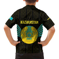 Kazakhstan National Emblem Family Matching Off The Shoulder Long Sleeve Dress and Hawaiian Shirt with Black Tribal Pattern and Sun Eagle Motif