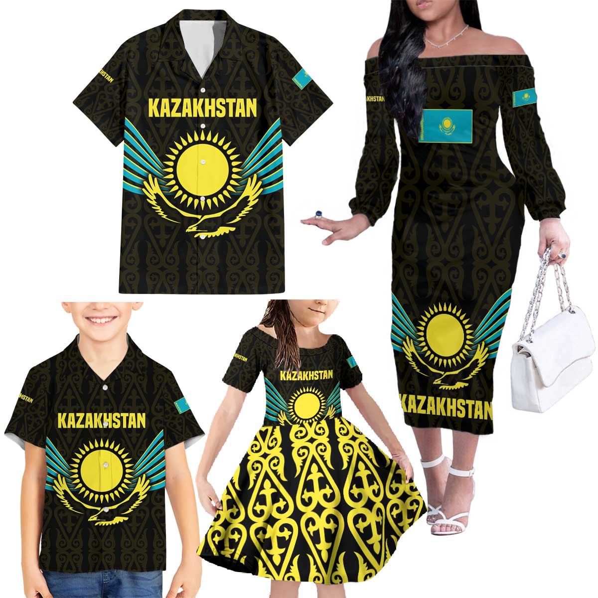 Kazakhstan National Emblem Family Matching Off The Shoulder Long Sleeve Dress and Hawaiian Shirt with Black Tribal Pattern and Sun Eagle Motif