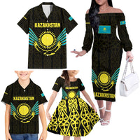 Kazakhstan National Emblem Family Matching Off The Shoulder Long Sleeve Dress and Hawaiian Shirt with Black Tribal Pattern and Sun Eagle Motif