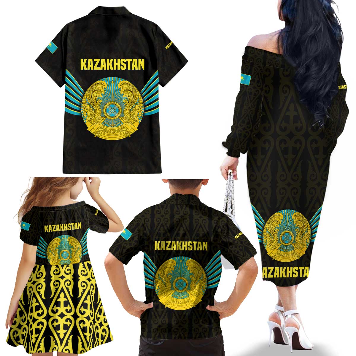 Kazakhstan National Emblem Family Matching Off The Shoulder Long Sleeve Dress and Hawaiian Shirt with Black Tribal Pattern and Sun Eagle Motif