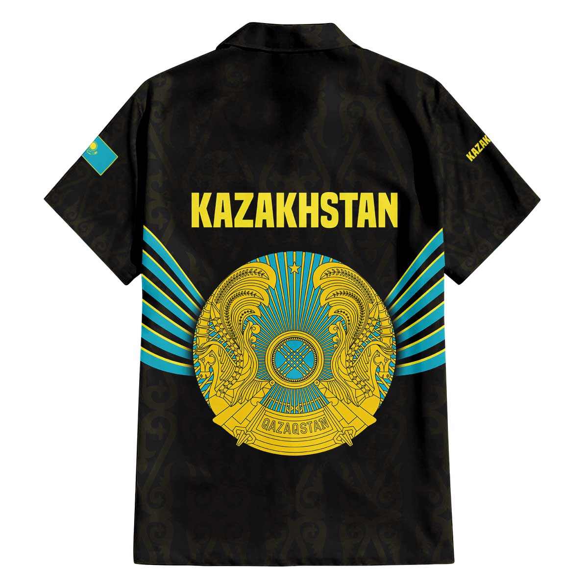 Kazakhstan National Emblem Family Matching Off The Shoulder Long Sleeve Dress and Hawaiian Shirt with Black Tribal Pattern and Sun Eagle Motif