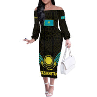 Kazakhstan National Emblem Family Matching Off The Shoulder Long Sleeve Dress and Hawaiian Shirt with Black Tribal Pattern and Sun Eagle Motif