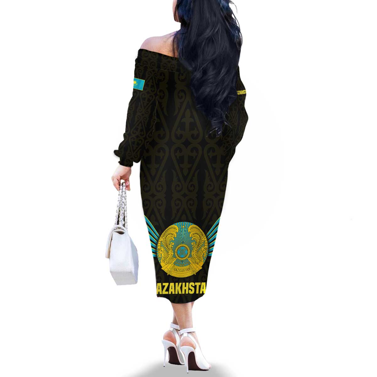 Kazakhstan National Emblem Family Matching Off The Shoulder Long Sleeve Dress and Hawaiian Shirt with Black Tribal Pattern and Sun Eagle Motif