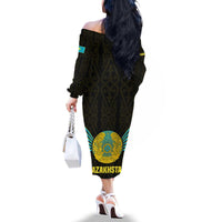 Kazakhstan National Emblem Family Matching Off The Shoulder Long Sleeve Dress and Hawaiian Shirt with Black Tribal Pattern and Sun Eagle Motif