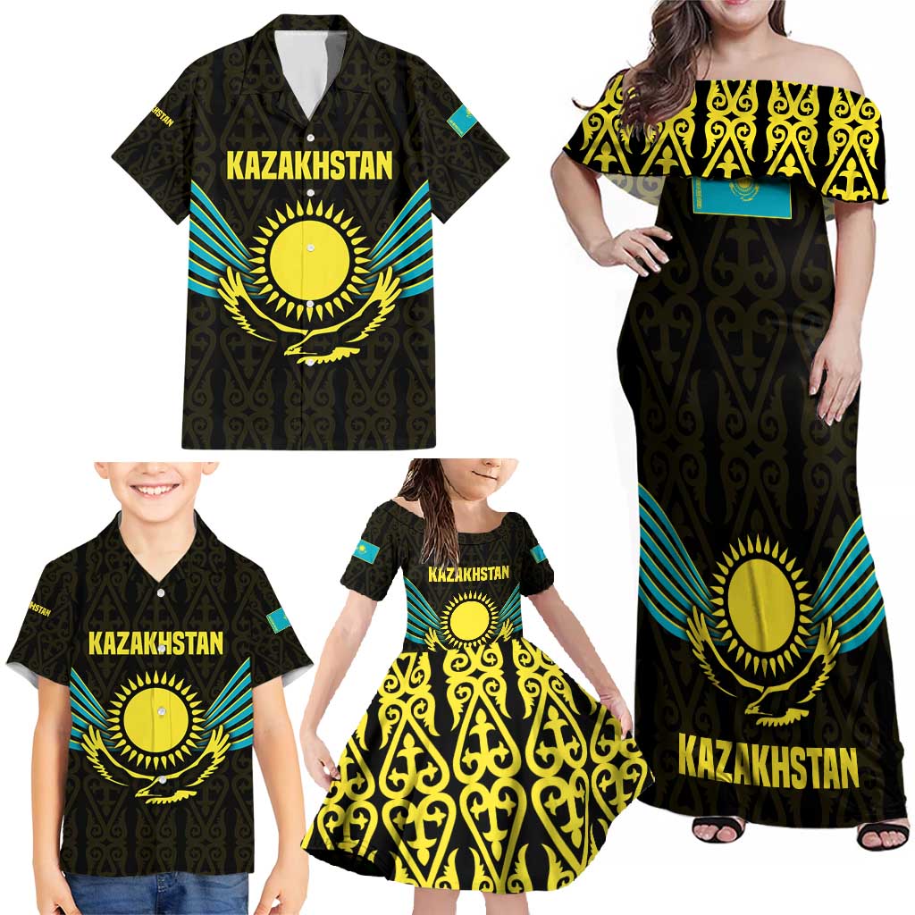 Kazakhstan National Emblem Family Matching Off Shoulder Maxi Dress and Hawaiian Shirt with Black Tribal Pattern and Sun Eagle Motif