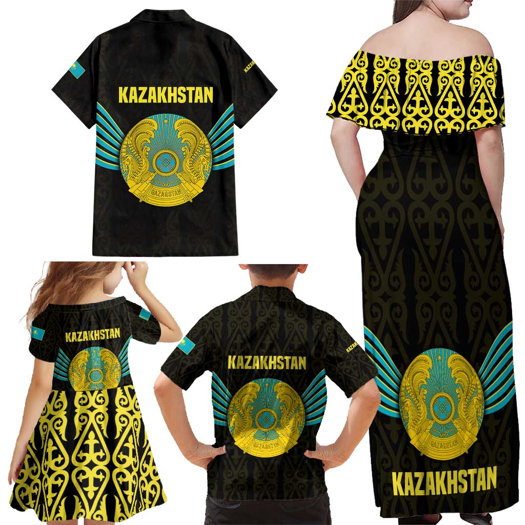 Kazakhstan National Emblem Family Matching Off Shoulder Maxi Dress and Hawaiian Shirt with Black Tribal Pattern and Sun Eagle Motif
