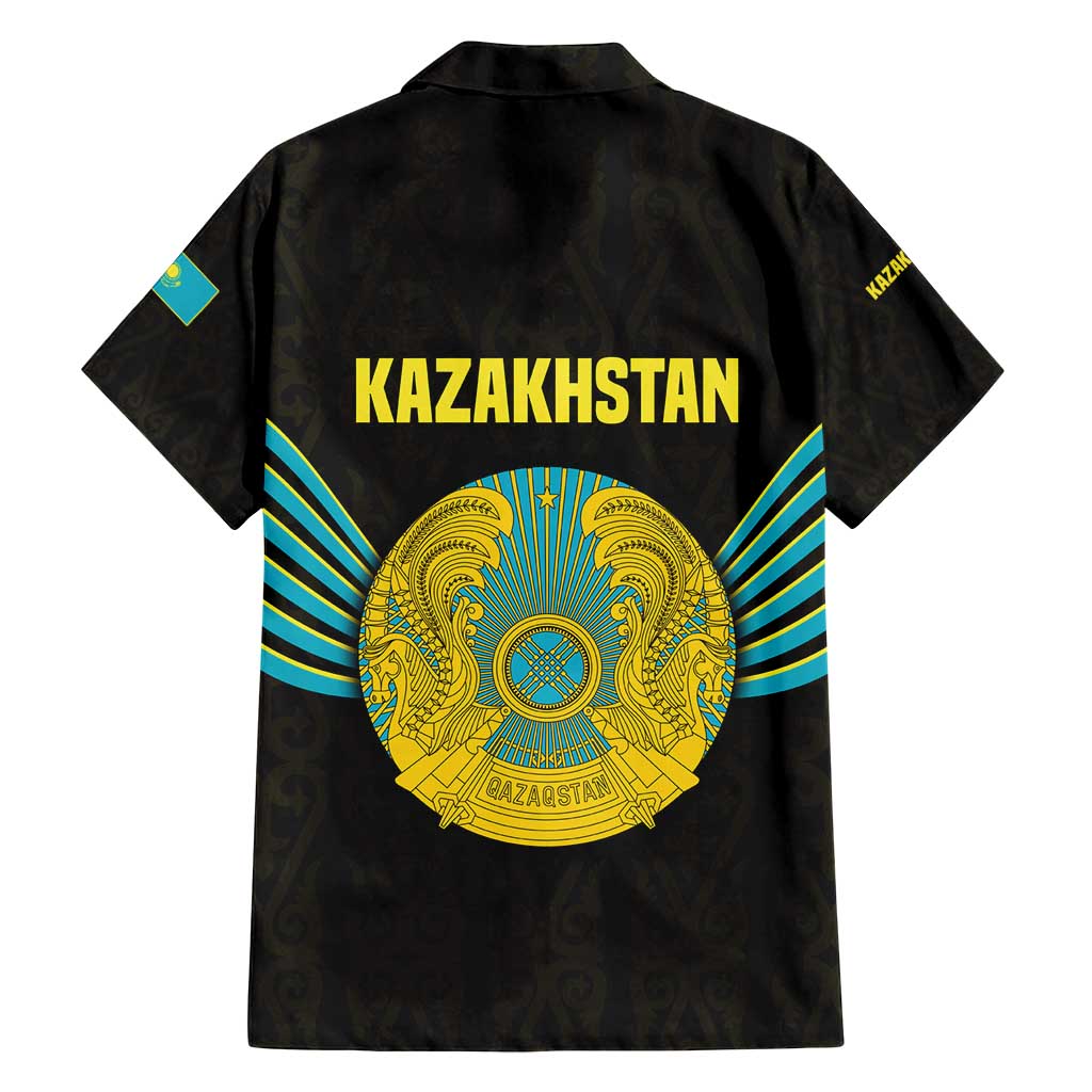 Kazakhstan National Emblem Family Matching Off Shoulder Maxi Dress and Hawaiian Shirt with Black Tribal Pattern and Sun Eagle Motif