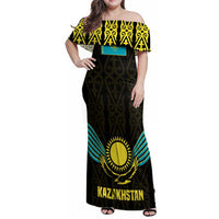 Kazakhstan National Emblem Family Matching Off Shoulder Maxi Dress and Hawaiian Shirt with Black Tribal Pattern and Sun Eagle Motif