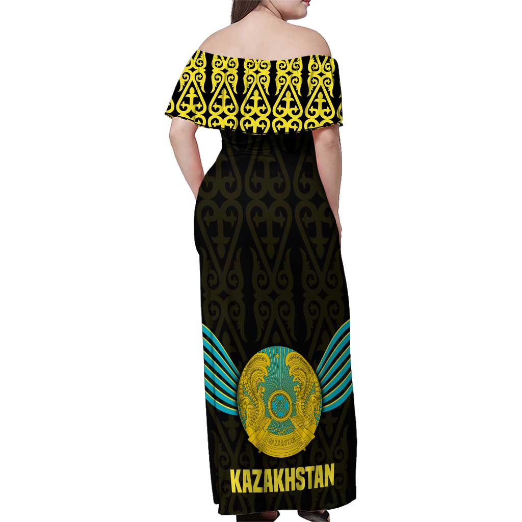 Kazakhstan National Emblem Family Matching Off Shoulder Maxi Dress and Hawaiian Shirt with Black Tribal Pattern and Sun Eagle Motif