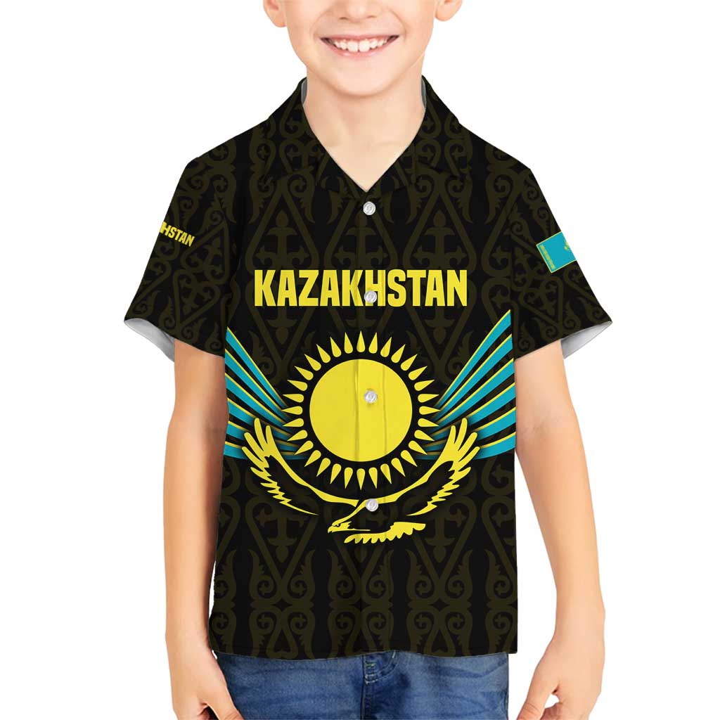 Kazakhstan National Emblem Family Matching Off Shoulder Maxi Dress and Hawaiian Shirt with Black Tribal Pattern and Sun Eagle Motif