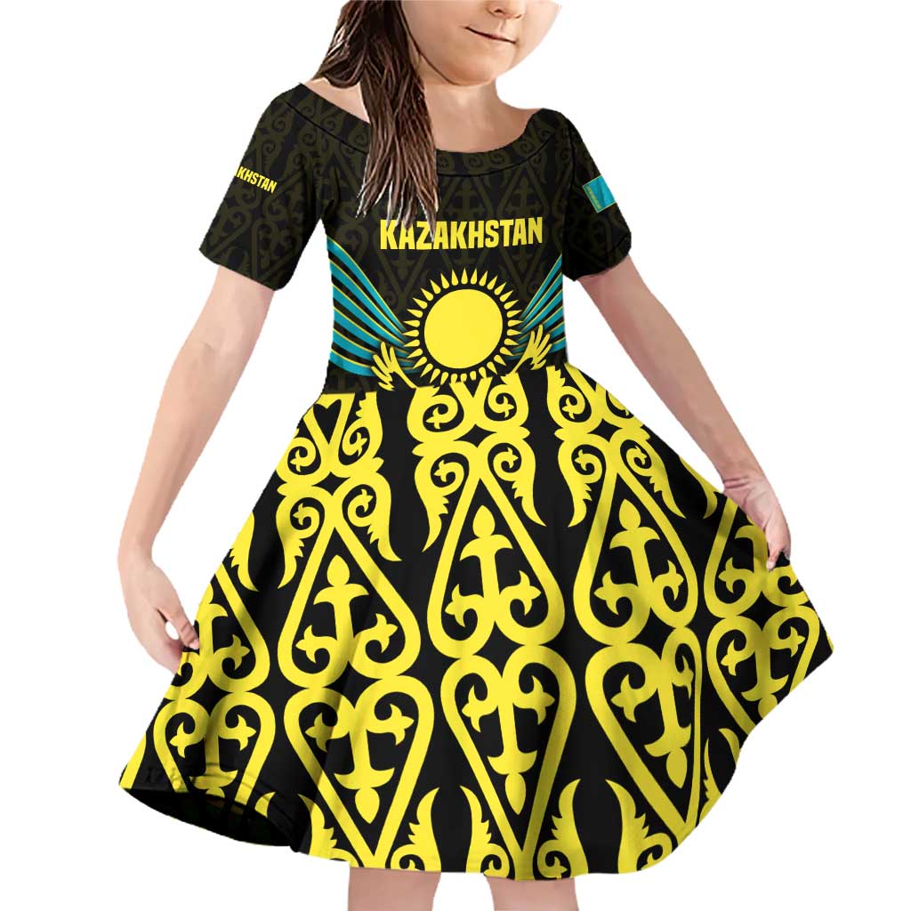 Kazakhstan National Emblem Family Matching Off Shoulder Short Dress and Hawaiian Shirt with Black Tribal Pattern and Sun Eagle Motif