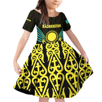 Kazakhstan National Emblem Family Matching Off Shoulder Short Dress and Hawaiian Shirt with Black Tribal Pattern and Sun Eagle Motif