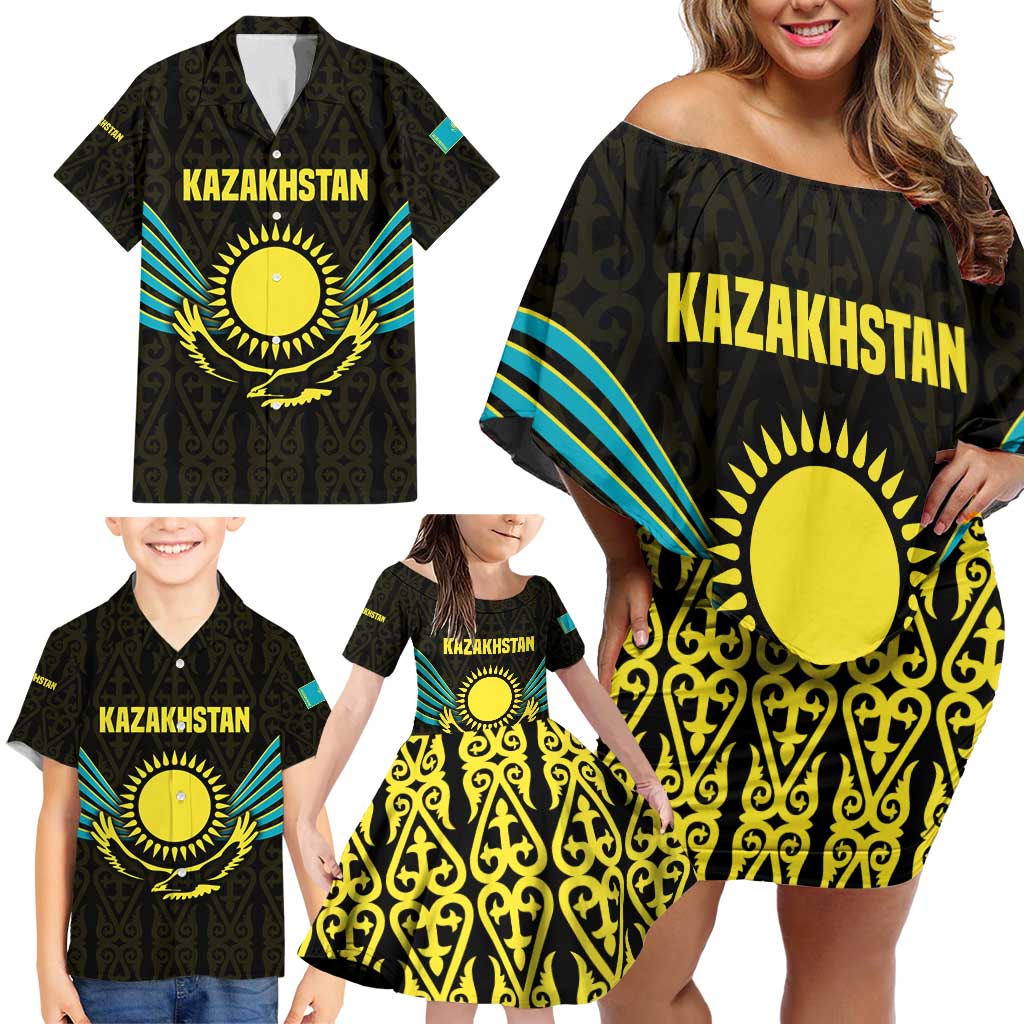 Kazakhstan National Emblem Family Matching Off Shoulder Short Dress and Hawaiian Shirt with Black Tribal Pattern and Sun Eagle Motif