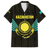 Kazakhstan National Emblem Family Matching Off Shoulder Short Dress and Hawaiian Shirt with Black Tribal Pattern and Sun Eagle Motif