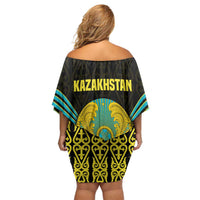 Kazakhstan National Emblem Family Matching Off Shoulder Short Dress and Hawaiian Shirt with Black Tribal Pattern and Sun Eagle Motif