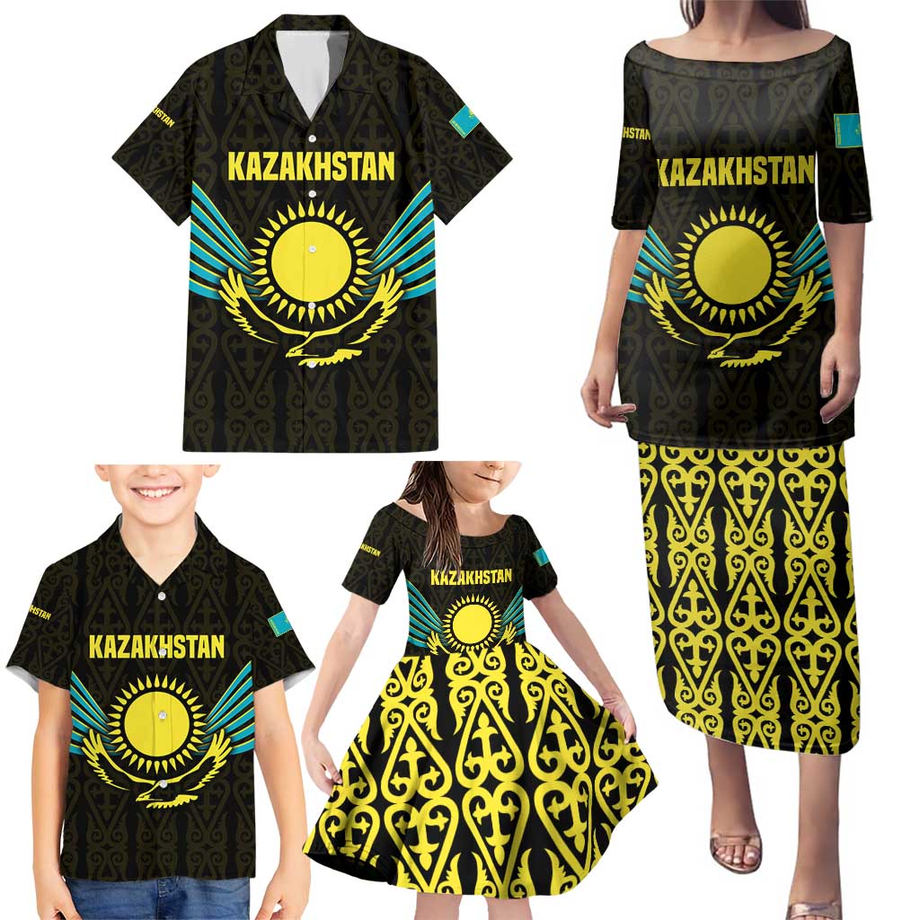 Kazakhstan National Emblem Family Matching Puletasi and Hawaiian Shirt with Black Tribal Pattern and Sun Eagle Motif