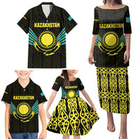 Kazakhstan National Emblem Family Matching Puletasi and Hawaiian Shirt with Black Tribal Pattern and Sun Eagle Motif