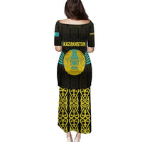 Kazakhstan National Emblem Family Matching Puletasi and Hawaiian Shirt with Black Tribal Pattern and Sun Eagle Motif