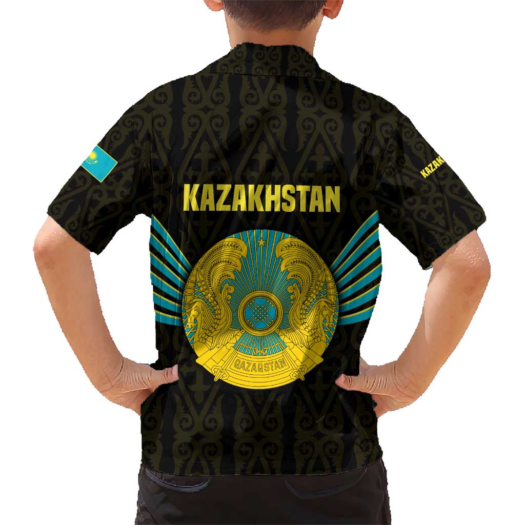 Kazakhstan National Emblem Family Matching Short Sleeve Bodycon Dress and Hawaiian Shirt with Black Tribal Pattern and Sun Eagle Motif