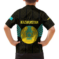 Kazakhstan National Emblem Family Matching Short Sleeve Bodycon Dress and Hawaiian Shirt with Black Tribal Pattern and Sun Eagle Motif