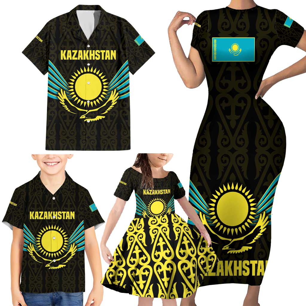 Kazakhstan National Emblem Family Matching Short Sleeve Bodycon Dress and Hawaiian Shirt with Black Tribal Pattern and Sun Eagle Motif