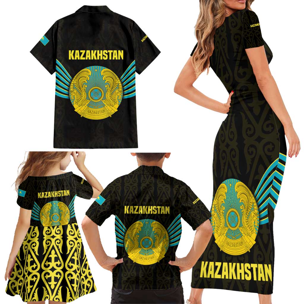 Kazakhstan National Emblem Family Matching Short Sleeve Bodycon Dress and Hawaiian Shirt with Black Tribal Pattern and Sun Eagle Motif