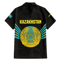 Kazakhstan National Emblem Family Matching Short Sleeve Bodycon Dress and Hawaiian Shirt with Black Tribal Pattern and Sun Eagle Motif