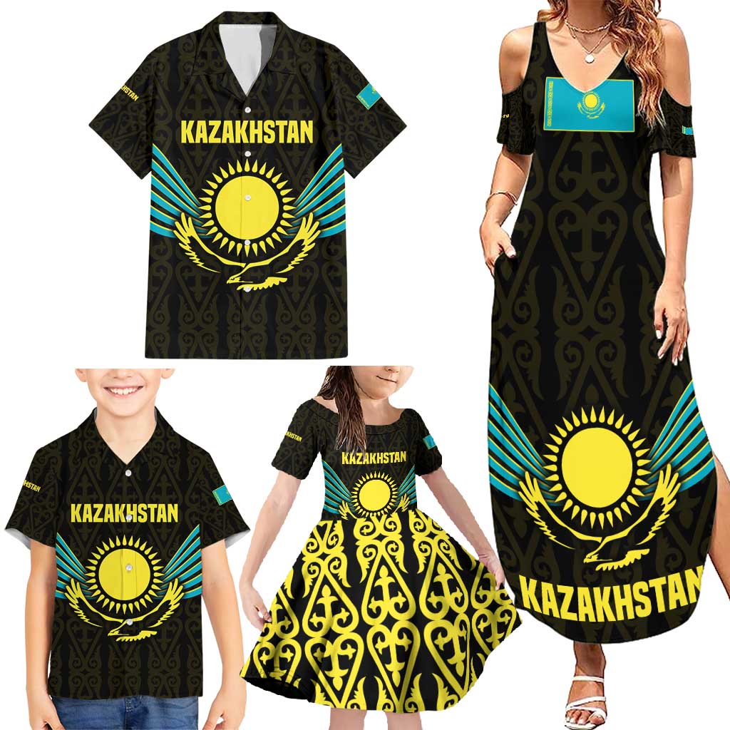Kazakhstan National Emblem Family Matching Summer Maxi Dress and Hawaiian Shirt with Black Tribal Pattern and Sun Eagle Motif