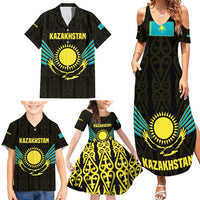 Kazakhstan National Emblem Family Matching Summer Maxi Dress and Hawaiian Shirt with Black Tribal Pattern and Sun Eagle Motif