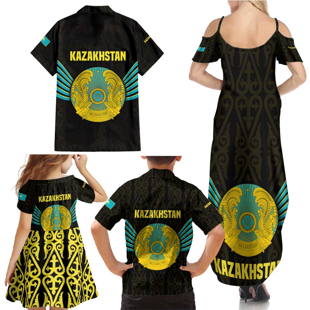 Kazakhstan National Emblem Family Matching Summer Maxi Dress and Hawaiian Shirt with Black Tribal Pattern and Sun Eagle Motif