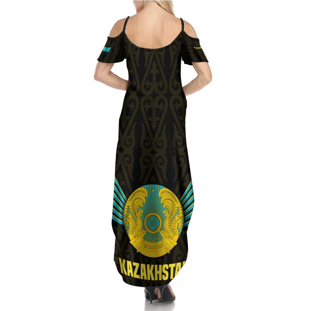 Kazakhstan National Emblem Family Matching Summer Maxi Dress and Hawaiian Shirt with Black Tribal Pattern and Sun Eagle Motif