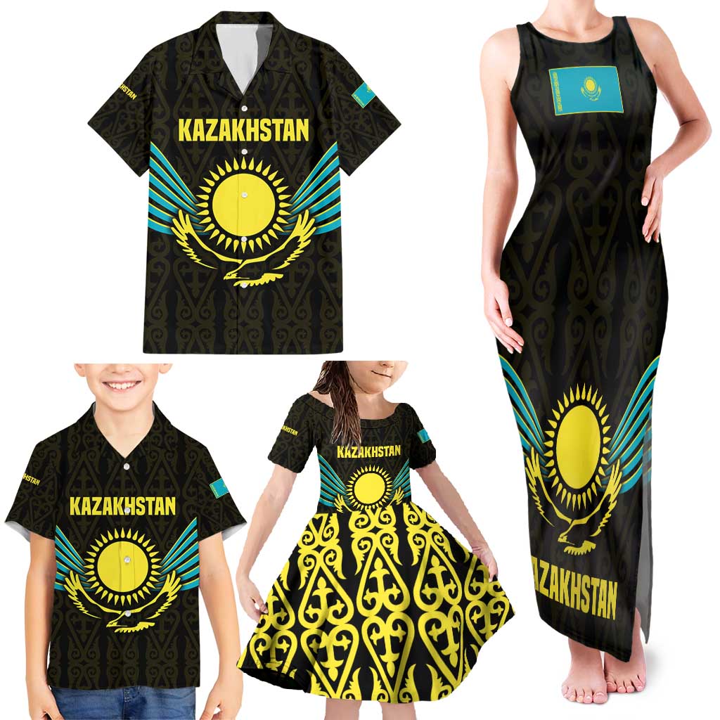 Kazakhstan National Emblem Family Matching Tank Maxi Dress and Hawaiian Shirt with Black Tribal Pattern and Sun Eagle Motif
