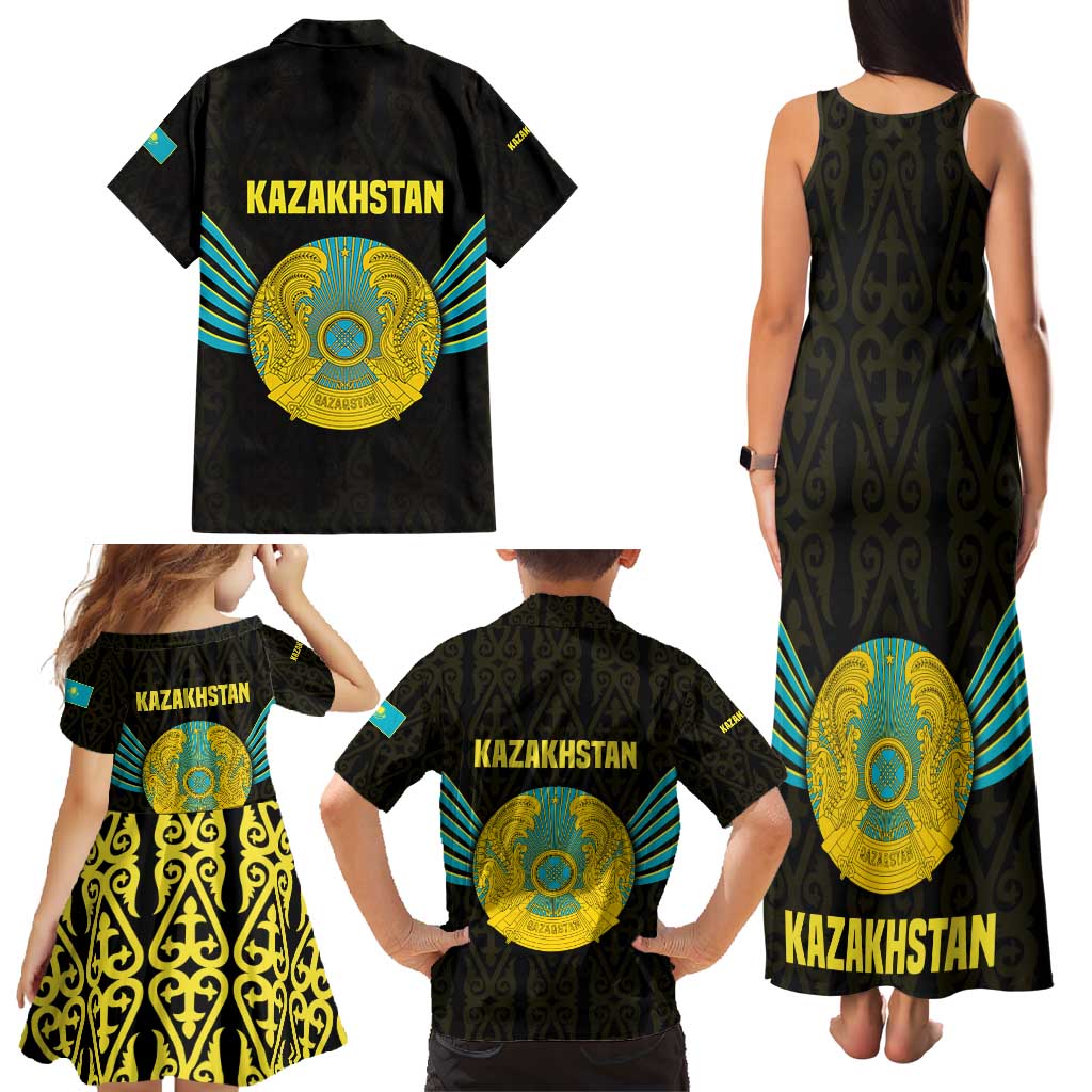 Kazakhstan National Emblem Family Matching Tank Maxi Dress and Hawaiian Shirt with Black Tribal Pattern and Sun Eagle Motif