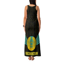 Kazakhstan National Emblem Family Matching Tank Maxi Dress and Hawaiian Shirt with Black Tribal Pattern and Sun Eagle Motif