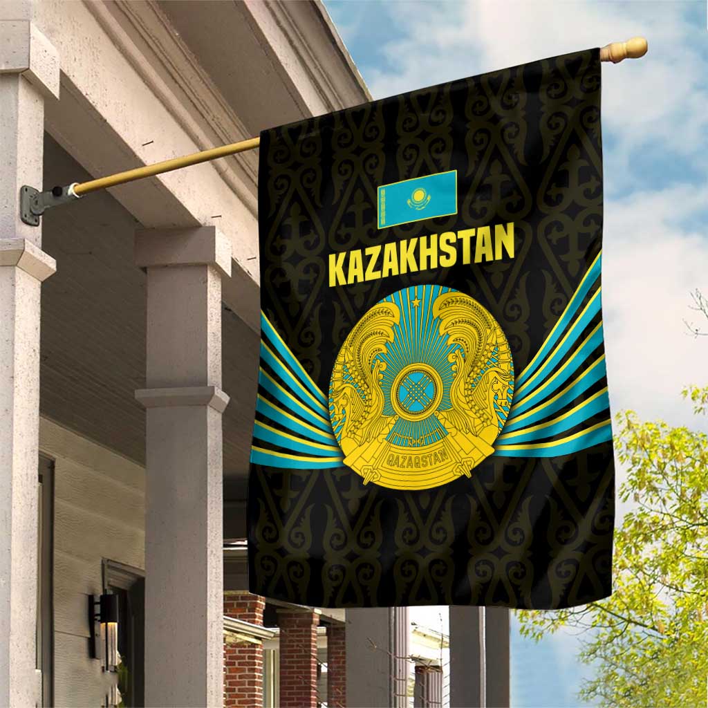 Kazakhstan National Emblem Garden Flag with Black Tribal Pattern and Sun Eagle Motif