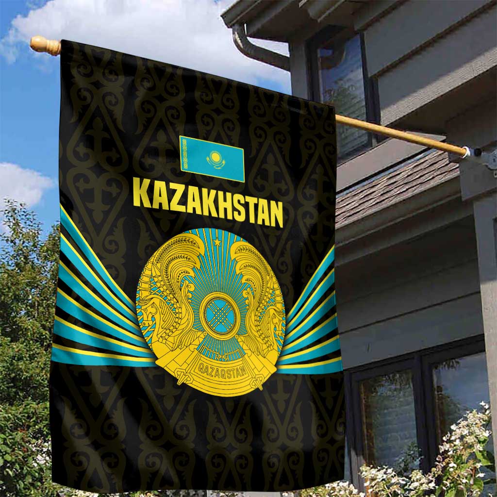 Kazakhstan National Emblem Garden Flag with Black Tribal Pattern and Sun Eagle Motif