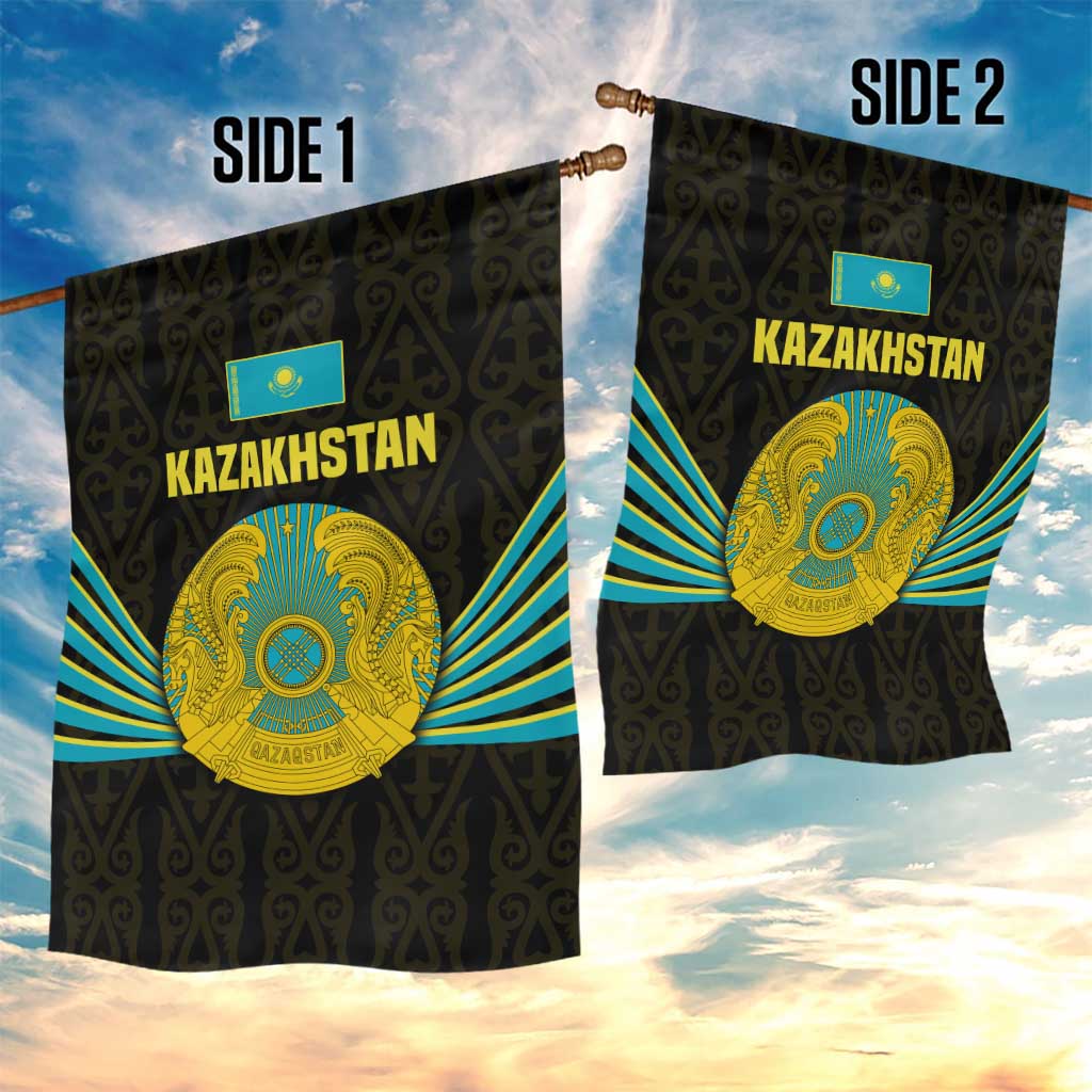 Kazakhstan National Emblem Garden Flag with Black Tribal Pattern and Sun Eagle Motif