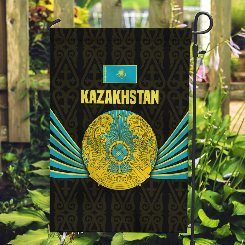 Kazakhstan National Emblem Garden Flag with Black Tribal Pattern and Sun Eagle Motif