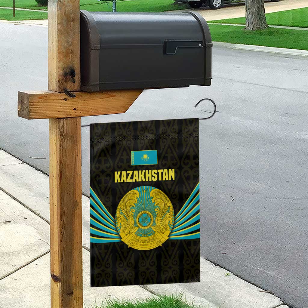 Kazakhstan National Emblem Garden Flag with Black Tribal Pattern and Sun Eagle Motif