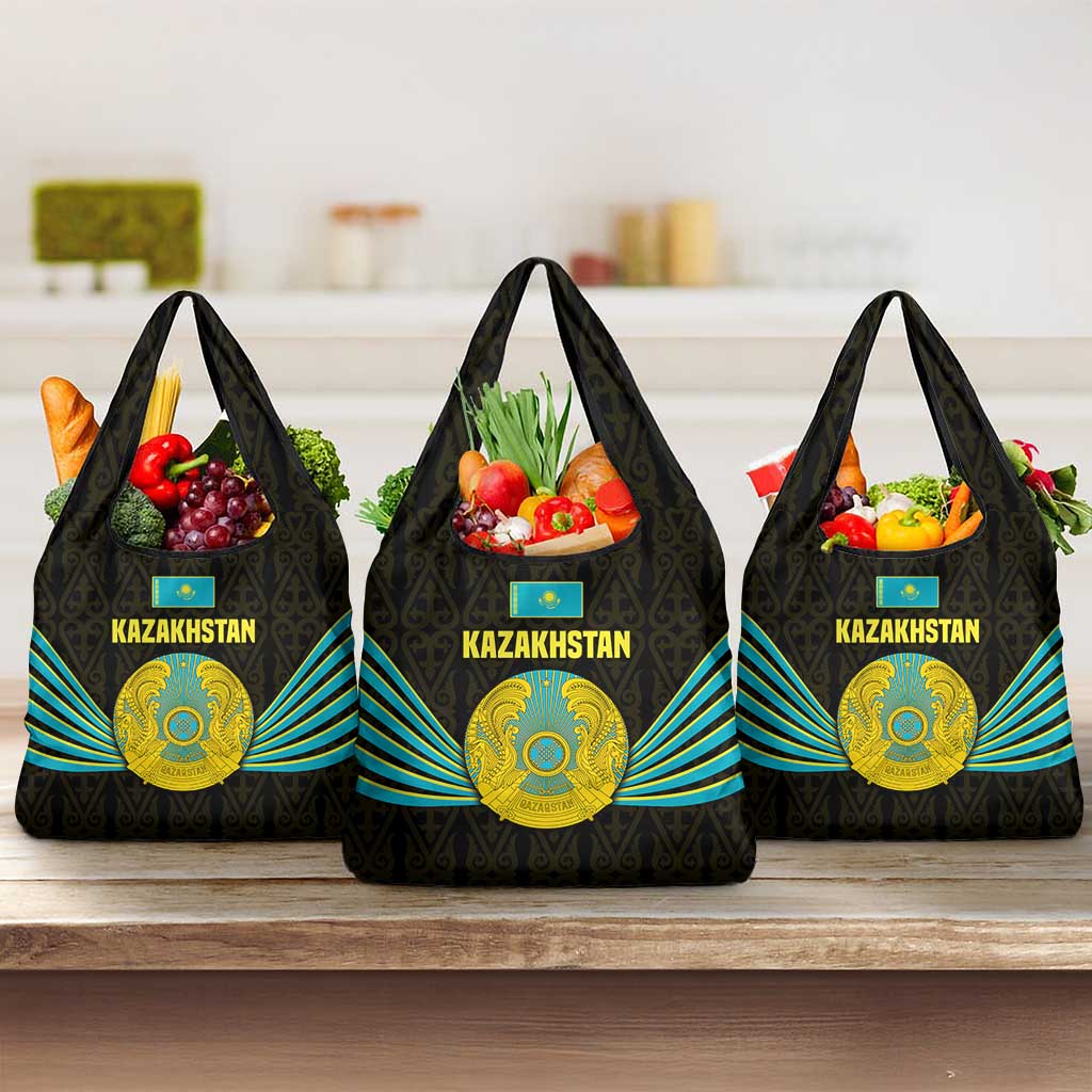 Kazakhstan National Emblem Grocery Bag with Black Tribal Pattern and Sun Eagle Motif