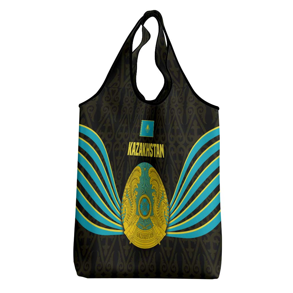 Kazakhstan National Emblem Grocery Bag with Black Tribal Pattern and Sun Eagle Motif