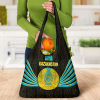 Kazakhstan National Emblem Grocery Bag with Black Tribal Pattern and Sun Eagle Motif
