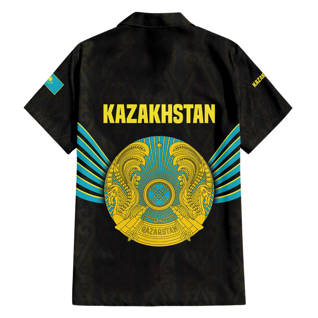 Kazakhstan National Emblem Hawaiian Shirt with Black Tribal Pattern and Sun Eagle Motif