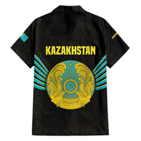Kazakhstan National Emblem Hawaiian Shirt with Black Tribal Pattern and Sun Eagle Motif